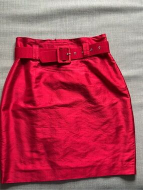 Italian Vintage 100% Spanish Silk High-Waist Bold Red Belted Pencil Skirt